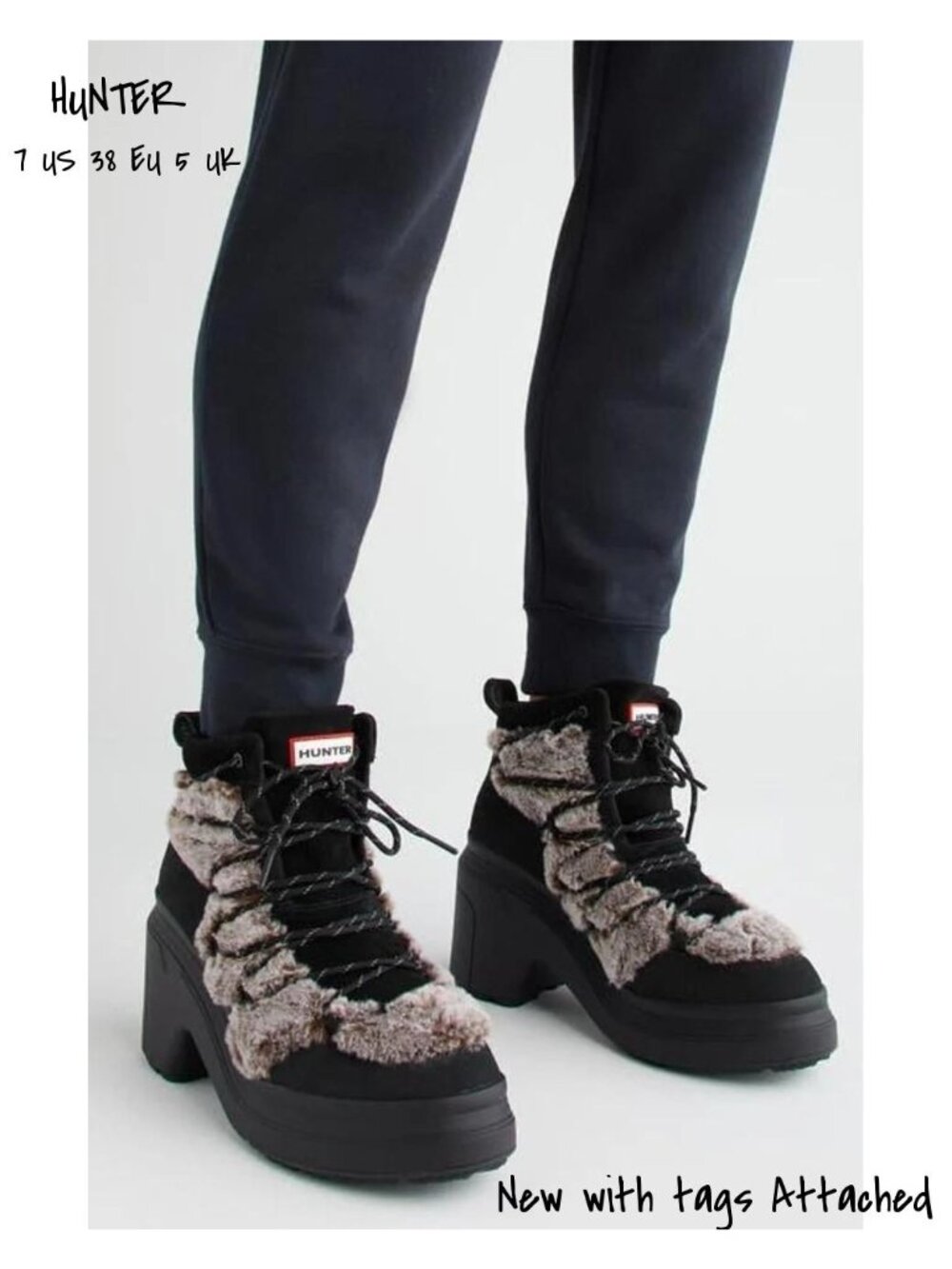 Hunter Women's Faux Fur Hiking Boots - Mid Lace Up, Size 7 US, New with Tag